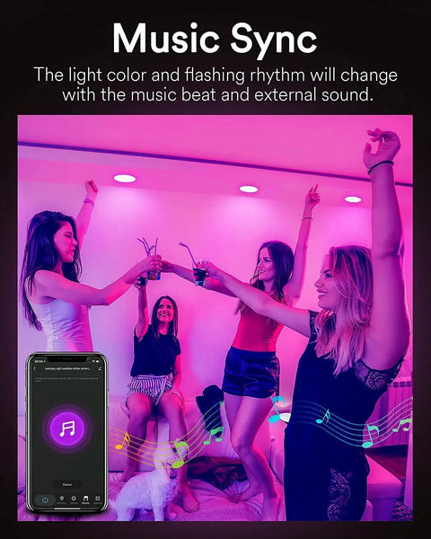6 Inch Canless LED Recessed Lights 13W 1000LM Smart Color Changing Downlights in music sync mode during a party setting