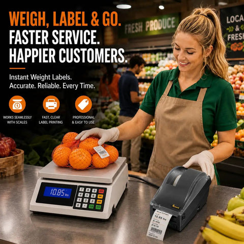 Direct Thermal Label Printer 2 Inch Wide For Barcode Stickers And QR Codes Drop Dead Easy Setup For Retail Pos And Warehouse on a counter.