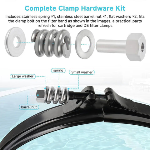 Complete Clamp Hardware Kit with stainless spring, barrel nut, and washers for Spring Barrel Nut Assembly Rock Solid Replacement Keeps Pool Water Crisp With No Sweat Swap Fits Pentair Spa And Clean Plus Ccp Fns De Grid Models Built Tough For Heavy Daily Duty.