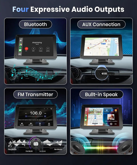 Four audio output modes displayed on 7 Inch Portable Car Stereo With Wireless CarPlay And Android Auto Touch Screen Car Radio.