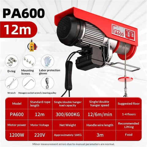 Heavy Duty Electric Hoist With Remote Control And Cable For 200-800kg Garage Lifts, ideal for lifting with 12m rope and 300/600kg capacity.
