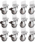 Heavy Duty Two Inch Side Mount Caster Wheels 12 Pack Rock Solid L Shaped Rubber Castors For Furniture DIY Desk And Crib Smooth Rolling Built Tough No Sweat Setup - set of twelve brown TPR castors with swivel mounts.