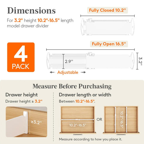Straight Up Tall 3.2 Inch Adjustable Drawer Dividers For Clothes Heavy Duty Abs Plastic Closet Organizers With Non Slip Silicone Pads dimensions and adjustment details
