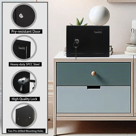 Small Steel Safe Box With Key Lock For Home Office Cash And Jewelry Storage, Hidden 0.23 Cubic Feet on cabinet