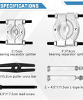 Specifications display showing 14 Piece Bearing Separator Puller Set 2 Inch And 3 Inch Heavy Duty 5 Ton Bearing Puller Kit components.