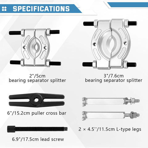 Specifications display showing 14 Piece Bearing Separator Puller Set 2 Inch And 3 Inch Heavy Duty 5 Ton Bearing Puller Kit components.