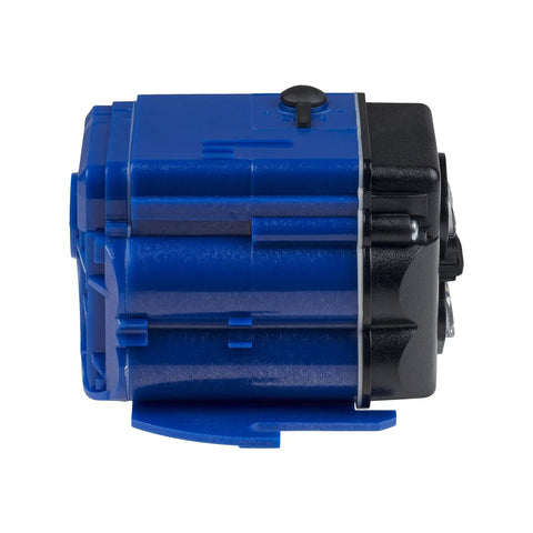 Urinal Electronic Control Module EBV-129-A-U Replacement For 0.5 GPF And 1.0 GPF Flushometers Plug And Play Ready Compatible With Optima G2 ECOS Sensor Urinals Battery Powered By 4 AA Batteries, side view showing blue and black casing.
