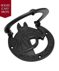 Antique Horse Head Door Knocker In Cast Iron With Rustic Horseshoe Accent, solid cast iron construction, front view