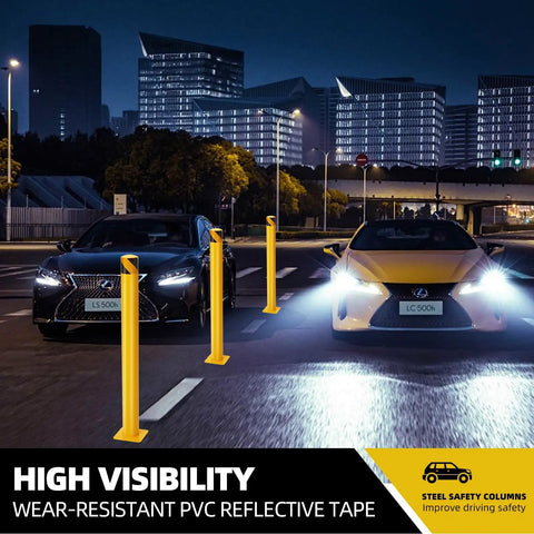 Tough As Nails Six Pack Forty Eight Inch Safety Bollard Posts featuring Four Point Five Inch Steel Pipe Diameter, bright yellow, illuminated at night.