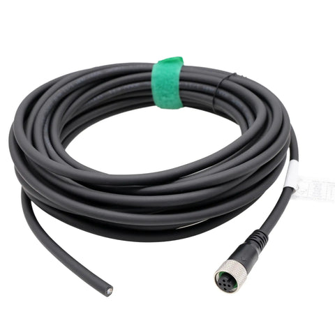 Coiled M12 A coded 5 pin female actuator sensor shielded cable for industrial control automation networks, 1 meter long.