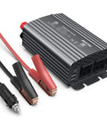 Hella Reliable 500W Power Inverter Converts DC 12V To AC 110V With Dual Wall Outlets And Dual USB Quick Charge Ports, showing clamps and connections.