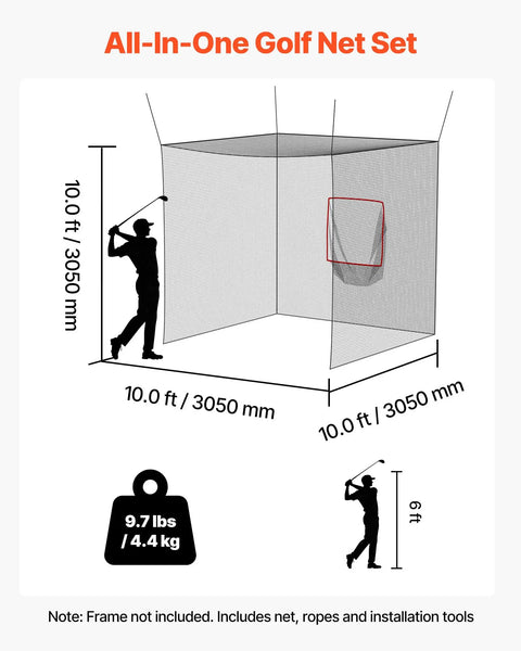 Diagram of 10x10x10 Ft Golf Batting Cage Net For Backyard And Indoor Practice With Half Cover Design, showing dimensions.