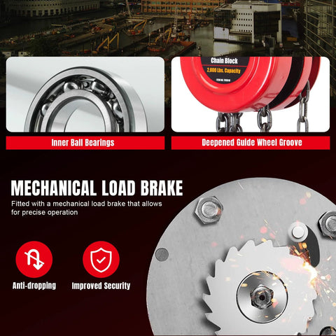 Inner ball bearings and deepened guide wheel groove on 1 Ton Hand Chain Hoist With 8ft Lift, Mechanical Load Brake for precise operation.