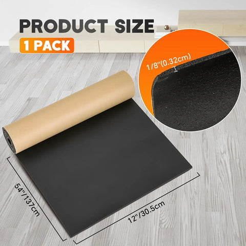 Premium Neoprene Foam Rubber Sheet With Adhesive Backing One Eighth Inch Thick Cushioning Mat laid out on floor showing dimensions.