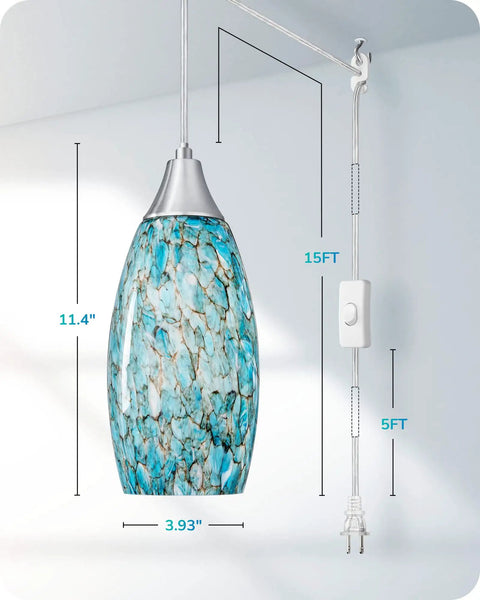 Close-up of Edishine Handcrafted Art Glass Pendant Light With Turquoise Blue Swirl Shade, 15 ft adjustable cord, brushed nickel canopy.