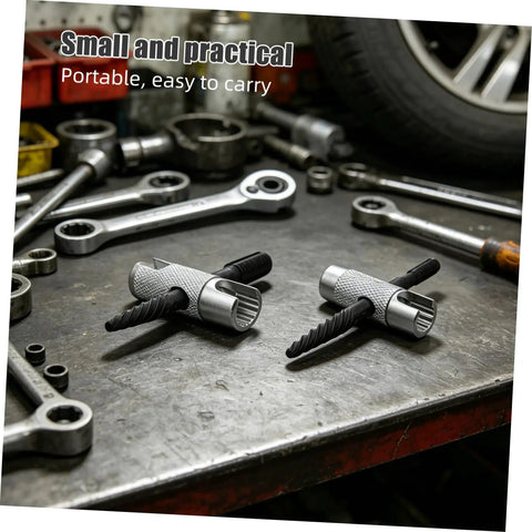 Premium Alloy Steel Grease Fitting Installation Tool Kit With Ergonomic Hand Press Zerk Push In Installer For Automotive Tractor Trailer Repair And Universal Hydraulic System Maintenance Mechanics, two tool heads on workbench