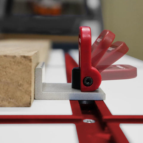 Heavy Duty 4 Pack T Track Cam Stops With Slam Tight Levers For Woodworking Jigs And T Slot Rails, close-up with cam lever engaged.
