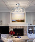 Modern living room with Lit Modern Crystal Chandelier Pendant Light Fixture With Three Lights Black Cage Drum Shade 15.75 Inch Hanging Ceiling Lamp.