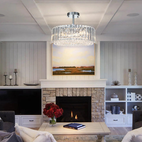 Modern living room with Lit Modern Crystal Chandelier Pendant Light Fixture With Three Lights Black Cage Drum Shade 15.75 Inch Hanging Ceiling Lamp.