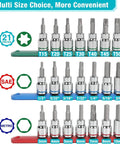 Allen Bit Socket Set For Three Eighths Inch Drive Torx Twenty One Piece Premium CRV Sockets And S2 Bits displayed vertically
