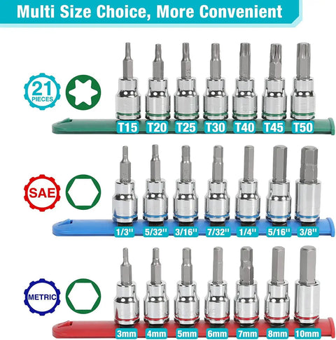 Allen Bit Socket Set For Three Eighths Inch Drive Torx Twenty One Piece Premium CRV Sockets And S2 Bits displayed vertically