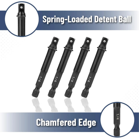 Close-up of 5 Heavy Duty Impact Square Socket Adapter Set, 10 Piece, 1/4 Inch Square Tip, with spring-loaded detent ball, hex shank.