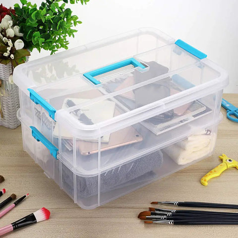 Hella Durable Two Tier Stack And Carry Storage Container With Tight Snap Lid And Nifty Grip Handles For Hassle Free Tidy Up Of Craft Gear Sewing Threads And Beauty Boss Essentials Blue