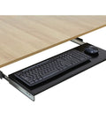 Heavy Duty Under Desk Keyboard Tray With Slick Slide Out Mouse Pad Shelf, Solid 16 Gauge Steel Frame, Matte Black Finish, showing keyboard and mouse.