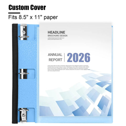 Four Pack 1 Inch 3 Ring Binders With 360 Degree Foldable Design Rotatable Covers in blue showing open binder with paper