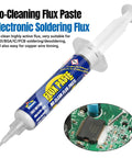 No Mess No Clean Soldering Flux Paste 9530 In A 10cc Syringe with electronic circuit board inset