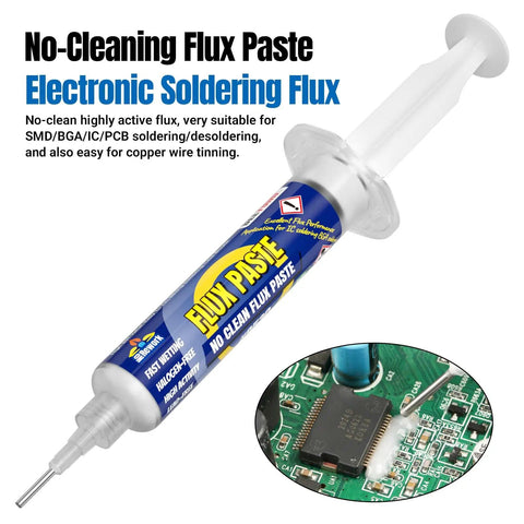 No Mess No Clean Soldering Flux Paste 9530 In A 10cc Syringe with electronic circuit board inset