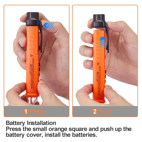 Two Pack Non Contact Voltage Tester With Live Wire Alarm And Bright LED Light, Buzzer And Flashlight, Wire Breakpoint Finder, Detects 12V To 1000V AC, Great For Home DIY And Pro Electric Work, Orange And Red, battery installation close-up