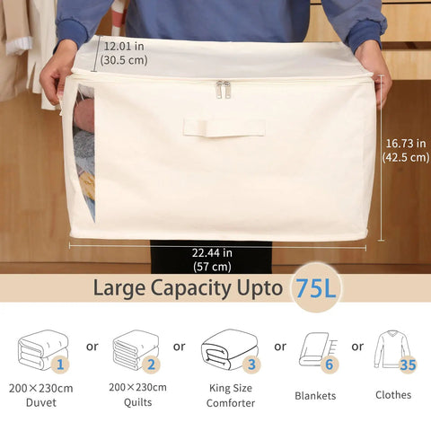 Person holding Heavy Duty Cotton Storage Bags With Clear Window And Sturdy Zipper 75L Collapsible Closet Organizer