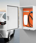 Top Shelf EV Charger Protection Box Built Tough For Indoor And Outdoor Use All Weather Wall Mount Case, opened with EV plug inside.