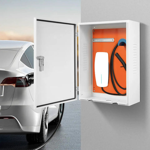 Rock Solid Ev Charger Station Cabinet With Lockable Lid And Built In Cooling Vents For Indoor Garage Setup with secure plug inside.