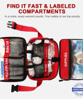 Crmea red 516-piece first aid kit, waterproof with MOLLE strap, opened to reveal labeled compartments