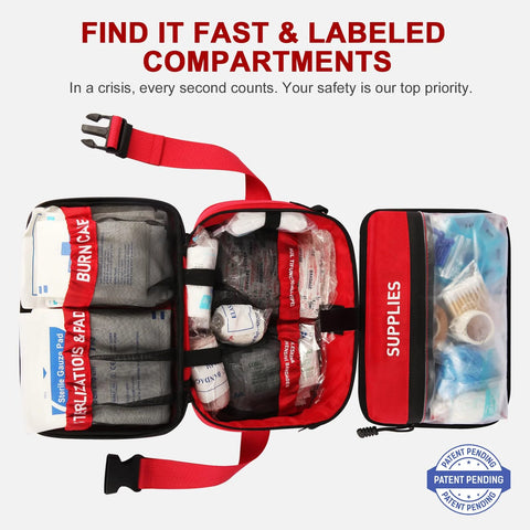 Crmea red 516-piece first aid kit, waterproof with MOLLE strap, opened to reveal labeled compartments