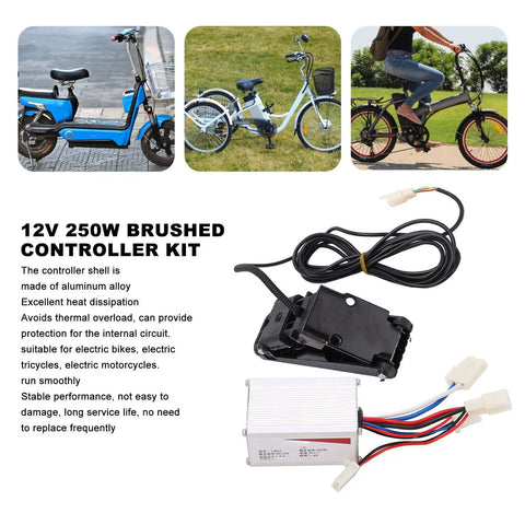 12V 250W Aluminum Alloy Brushed Speed Controller And Accelerator Foot Pedal Kit displayed alongside electric bikes and tricycles