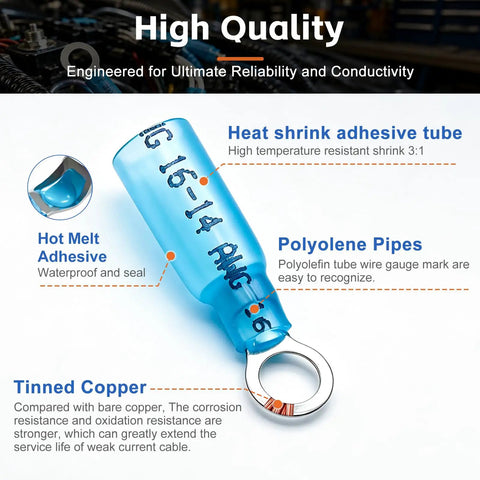 Snap Up This Hella Rock Solid 110 Piece Heat Shrink Wire Connectors Kit With Durable Tinned Copper Terminals Built Tough For Automotive Marine And Daily Electrical Wiring Projects. Close-up of blue heat shrink terminal with tinned copper.