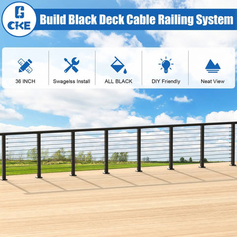 Swageless Deck Cable Railing Kit With Four Black Thirty Six Inch Level Drilled Posts With Two Hundred Fifty Feet Of One Eighth Inch T316 Stainless Wire Rope Invisible Cable Railing System For Outdoor Decks And Porches No Handrail Post Kit LPS02