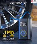 Digital display of 1 Minute Beast Mode Quick Inflate Portable Tire Inflator with hose attached to car tire