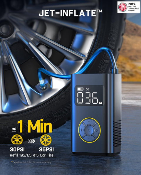 Digital display of 1 Minute Beast Mode Quick Inflate Portable Tire Inflator with hose attached to car tire