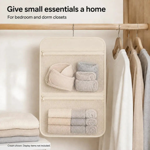 Slick Hanging Closet Sorter With Dual Zippered Mesh Pouches For Hassle Free Underwear And Sock Taming In Smooth Cream Cloth