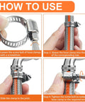 Hose clamp, stainless steel adjustable worm-gear, installed around a tube in a four-panel how-to guide.