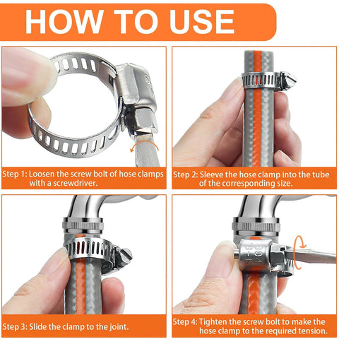 Hose clamp, stainless steel adjustable worm-gear, installed around a tube in a four-panel how-to guide.