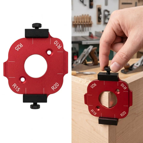 Close up of Slick 4 In 1 Wood Router Corner Radius Jig Template Set showing R10 to R25 radius markings for precise routing.