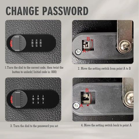 Instructions for changing password on 16 Key Wall Mounted Lock Box With 3 Digit Combination Lock And Backup Key.