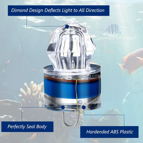 Close-up of 12 Piece LED Underwater Fishing Lights Set Deep Drop Lights Waterproof Diamond Tubular Lures with labels
