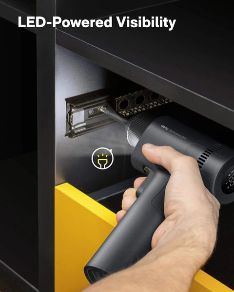 16V Brushless Power Drill With 50 Nm Torque, Smart Digital Display, LED Light in action drilling inside a cabinet