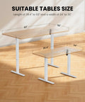 Two white frame desks of varying lengths showing compatibility with Electric Standing Desk Frame With Four Memory Height Settings For Sit Stand Comfort, Fully Customizable Workstation, Height Range 28.3 To 46.5 Inches, Desktop Up To 47.2 Inches, White Frame Only.